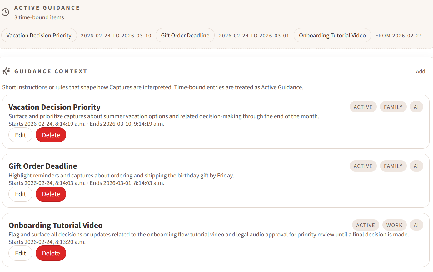 Active Guidance screenshot showing time-bound guidance chips.