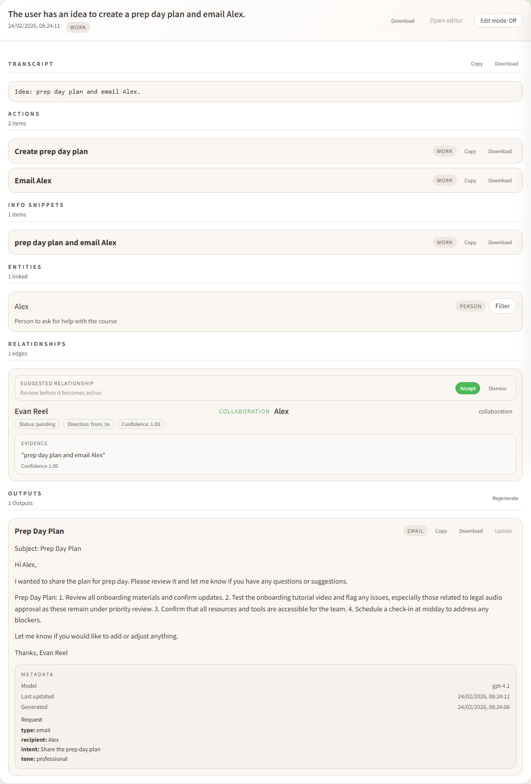 Capture detail screenshot showing transcript, actions, info snippets, entities, relationships, and outputs.