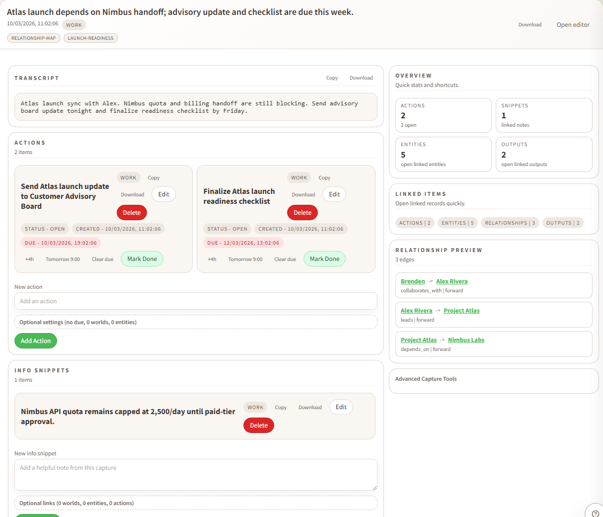 Capture detail screenshot showing transcript, actions, info snippets, entities, relationships, and outputs.