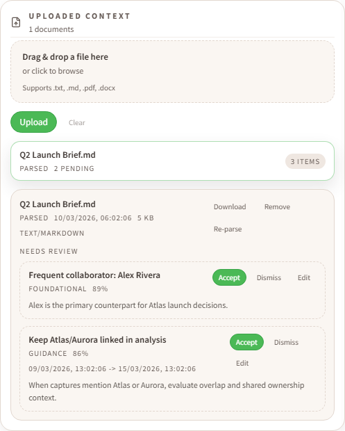 Context uploads screenshot showing an uploaded document with pending extracted items and accept/dismiss controls.