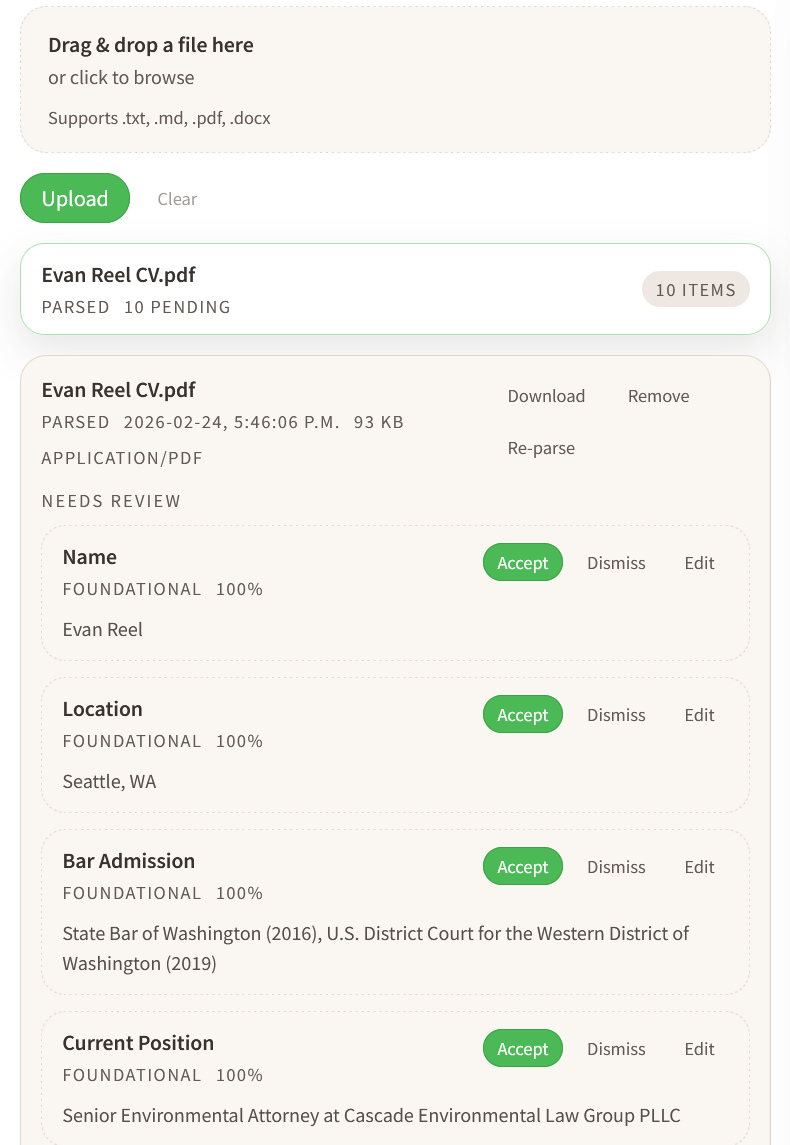 Context uploads screenshot showing an uploaded document with pending extracted items and accept/dismiss controls.