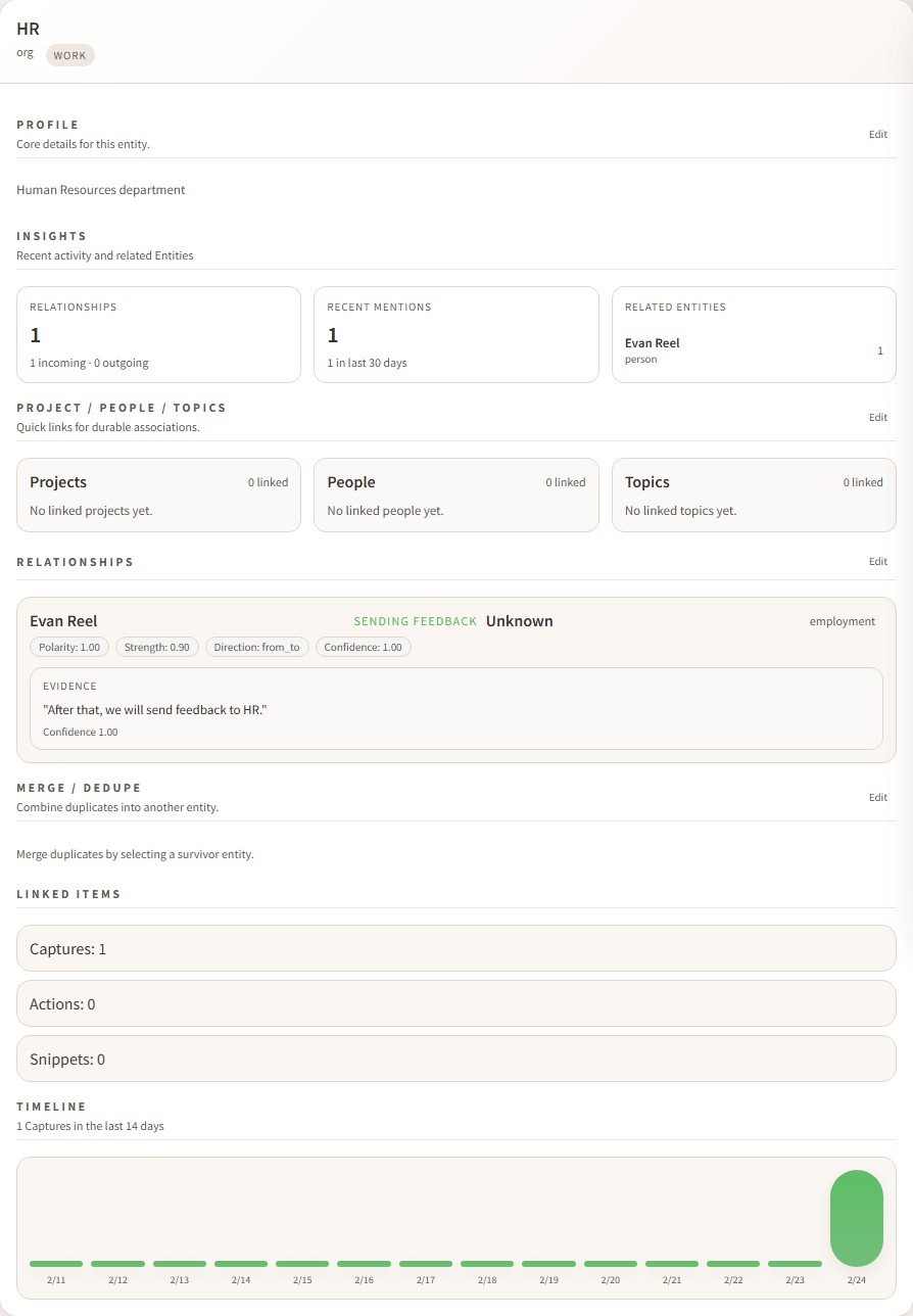 Entity detail screenshot showing insights, relationship semantics, and timeline.