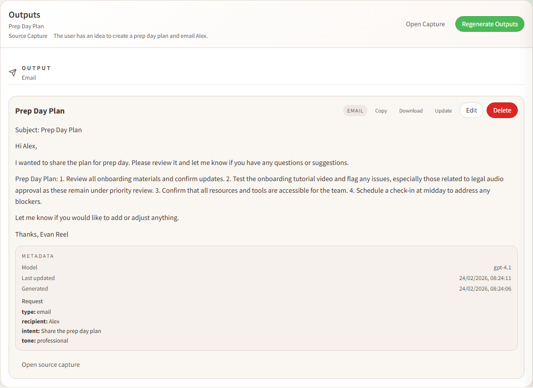 Output detail screenshot showing a generated email draft and metadata.