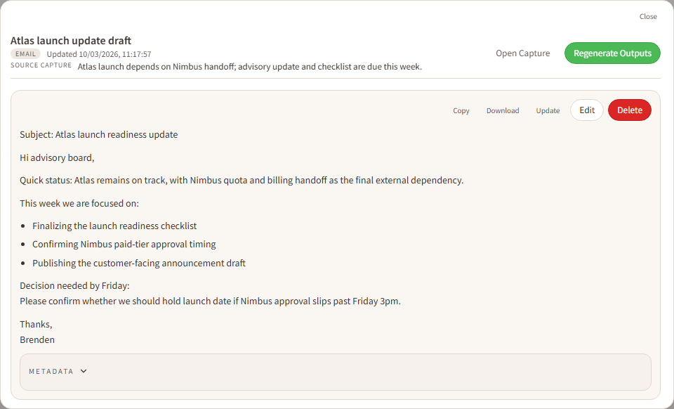 Output detail screenshot showing a generated email draft and metadata.