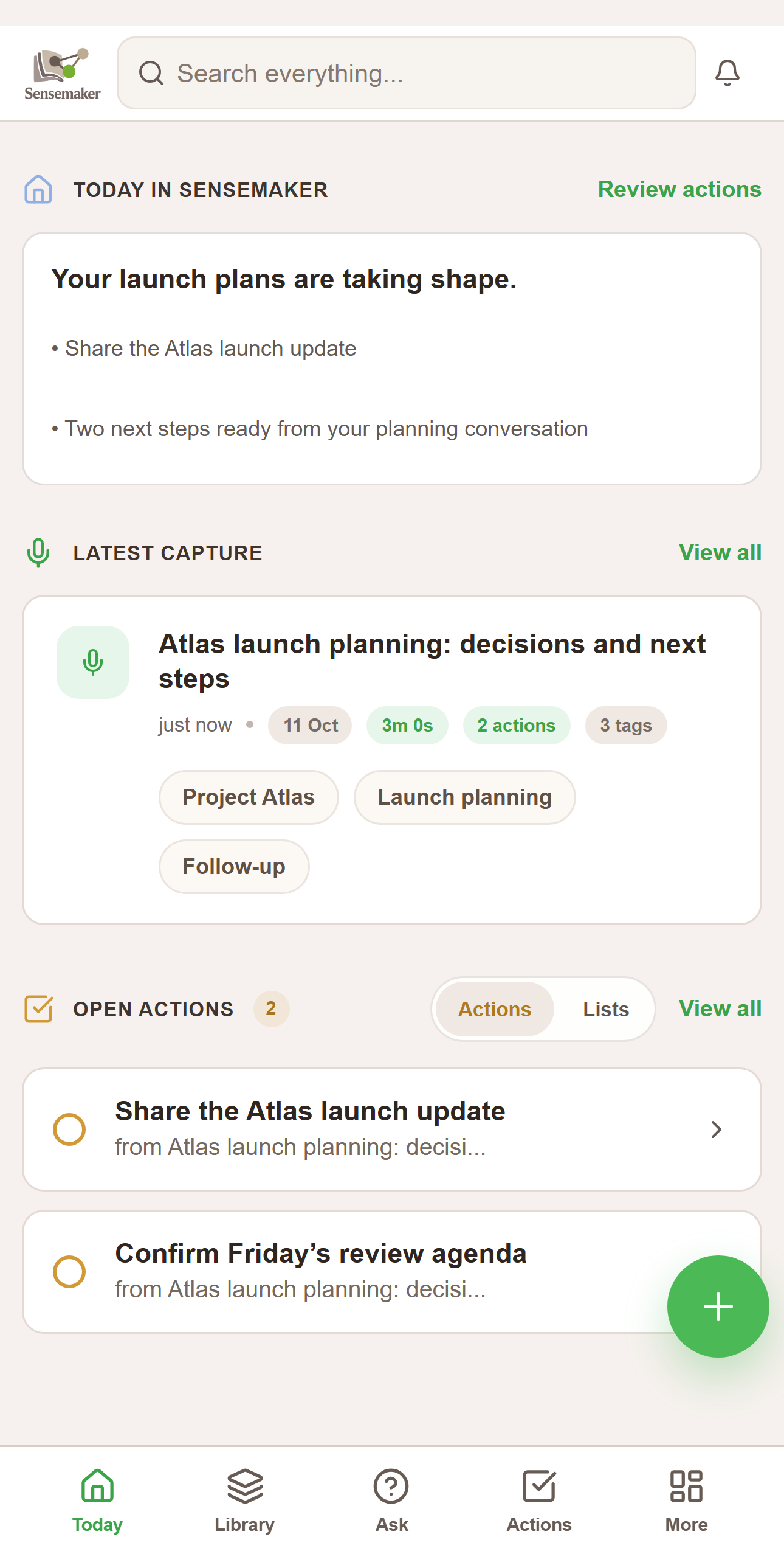 Companion Today with a daily brief, a recent Capture, and two follow-up Actions