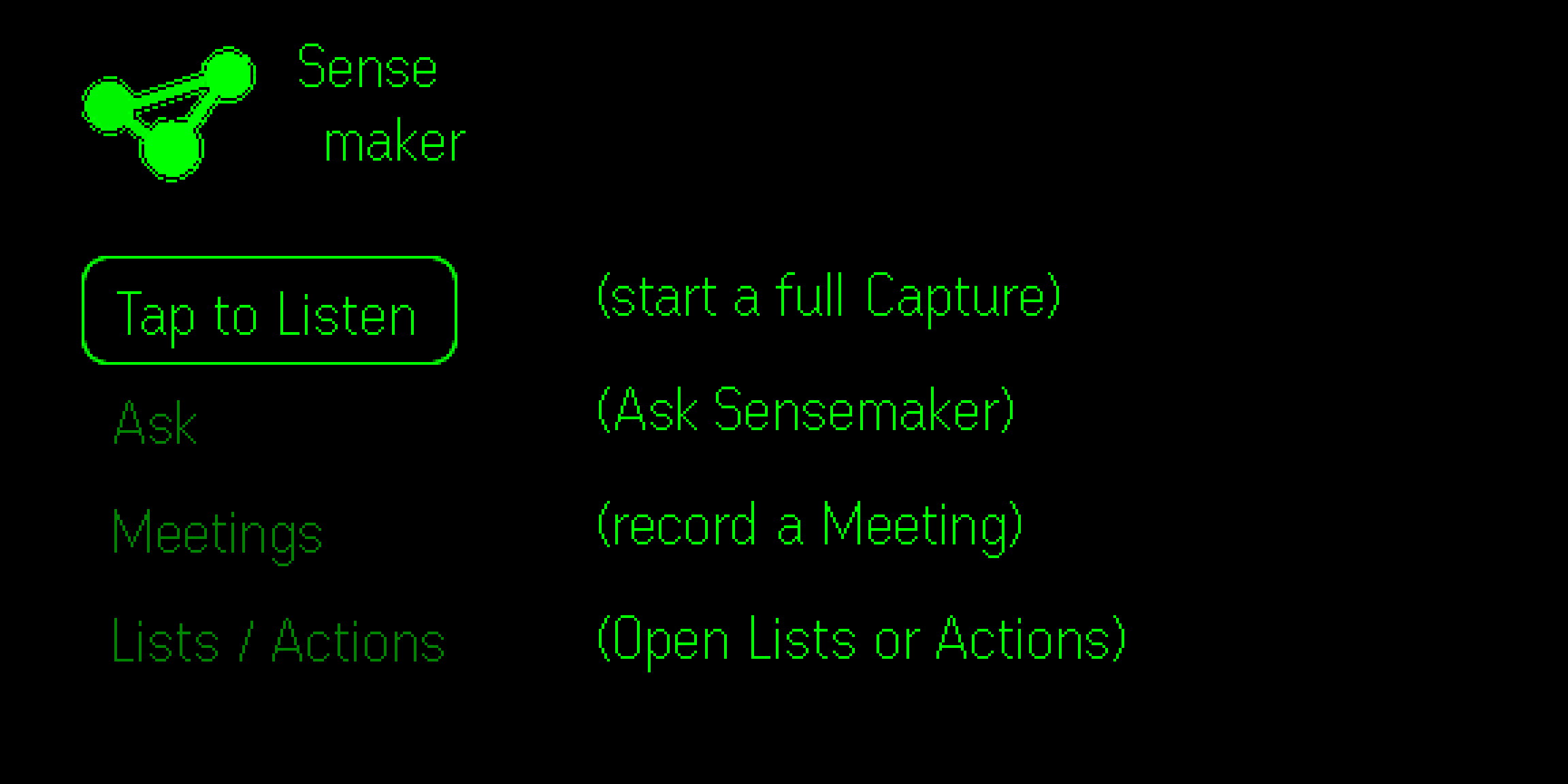 Sensemaker menu on Even Realities G2 with Capture, Ask, Meetings, and Lists or Actions
