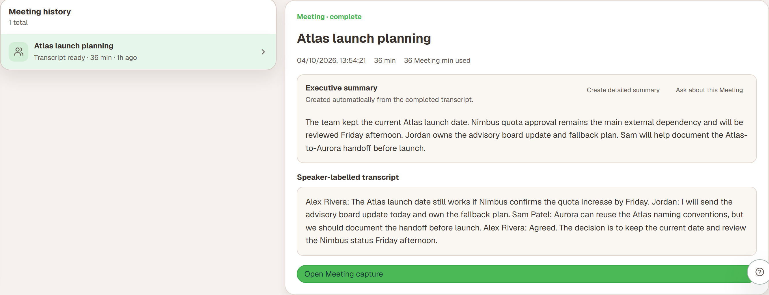 Completed Meeting in Sensemaker Portal with a summary and speaker-labelled transcript
