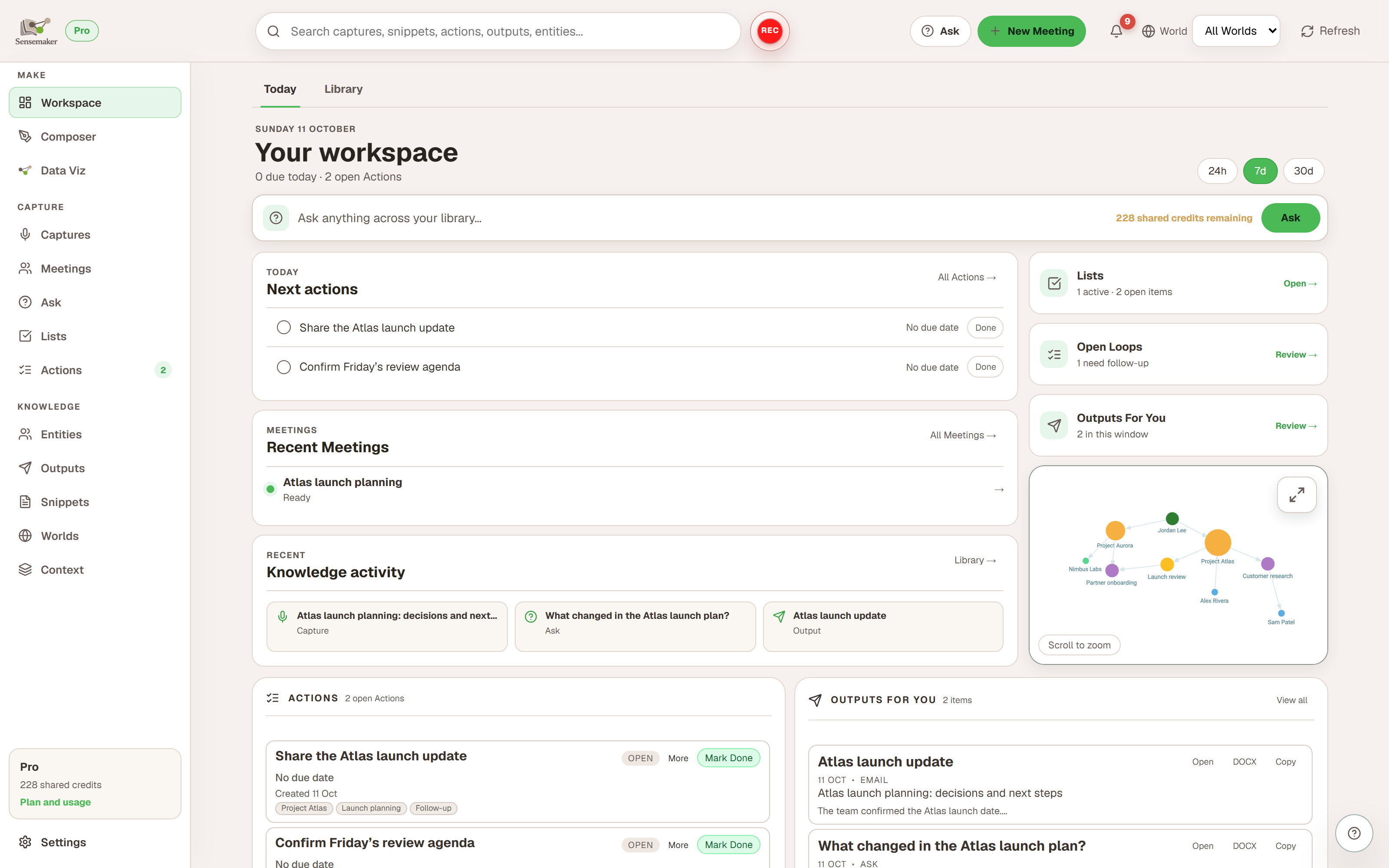 Pro workspace with two Actions, a completed Meeting, recent Capture and Ask activity, Outputs, and a relationship map